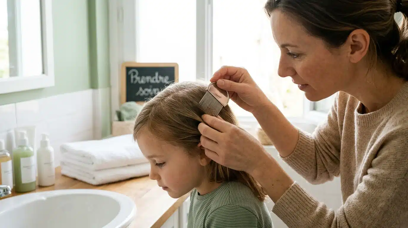 Parent européen inspectant le cuir chevelu d'un enfant avec un peigne anti-poux