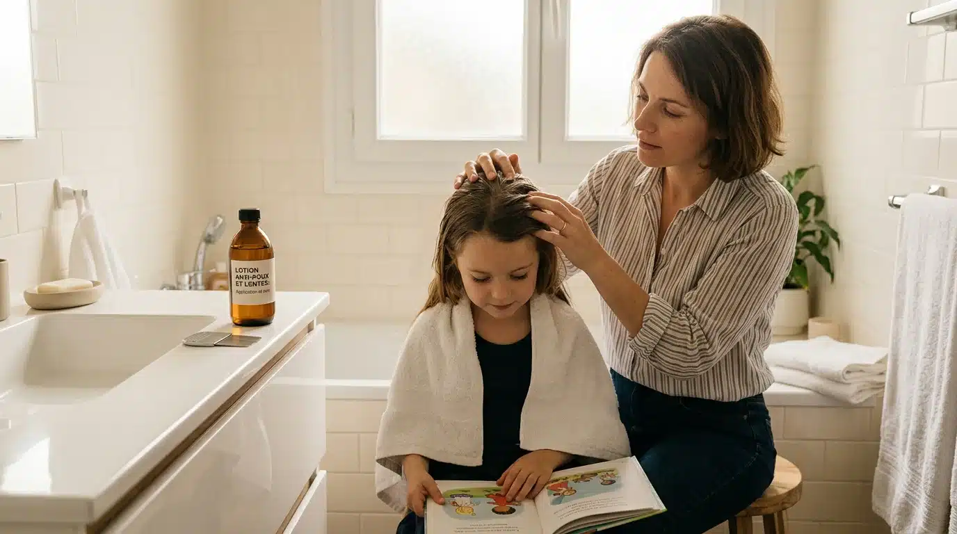 Parent appliquant un traitement anti-poux sur les cheveux d'un enfant