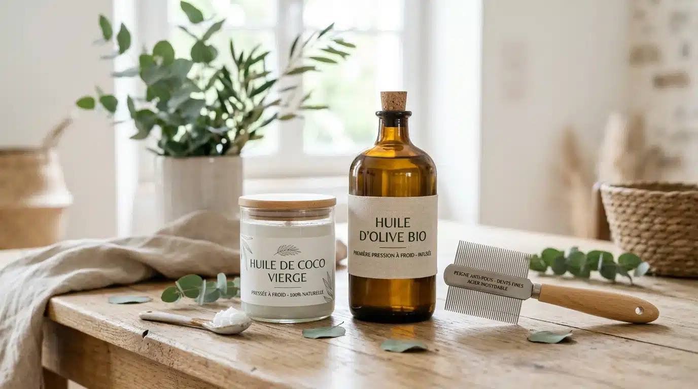Huile de coco, huile d'olive et peigne fin posés sur une table en bois