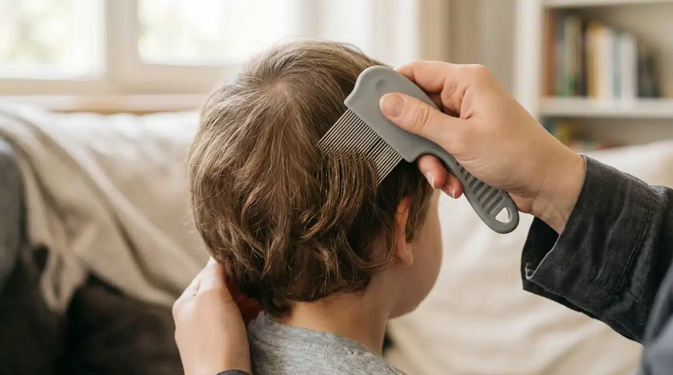 Peigne anti-poux à dents fines passé dans une mèche de cheveux