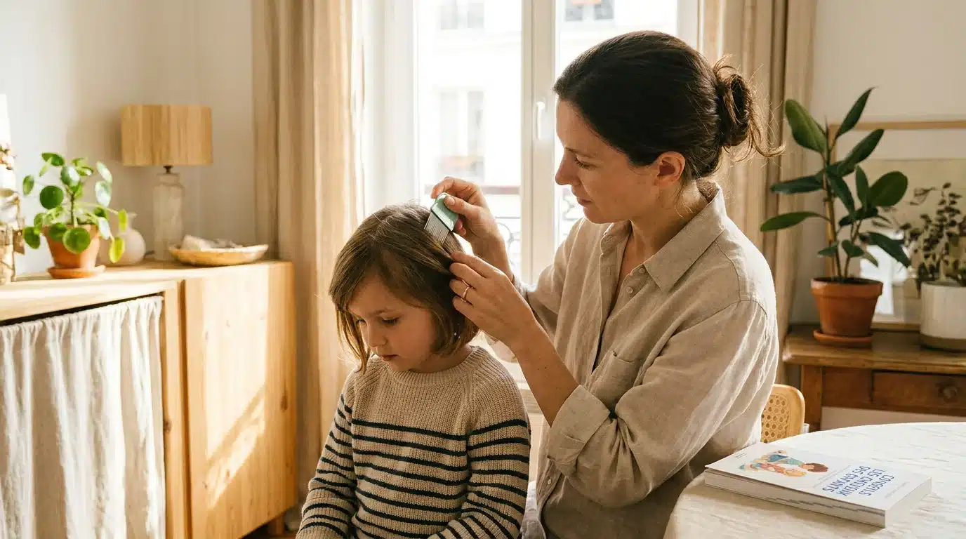 Parent inspectant les cheveux de son enfant avec un peigne fin pour détecter les poux