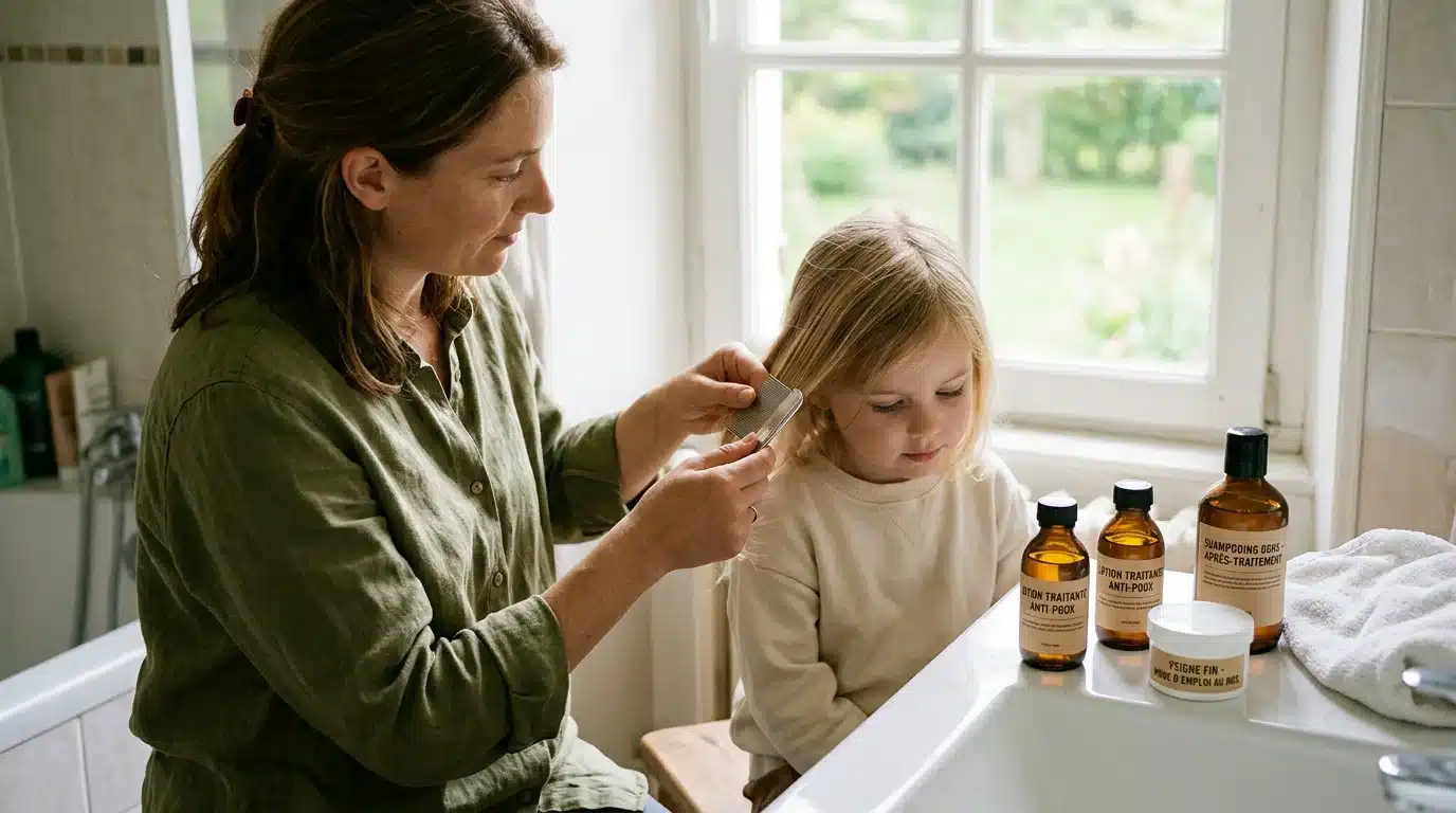 Une mère européenne inspecte les cheveux de son enfant avec un peigne fin