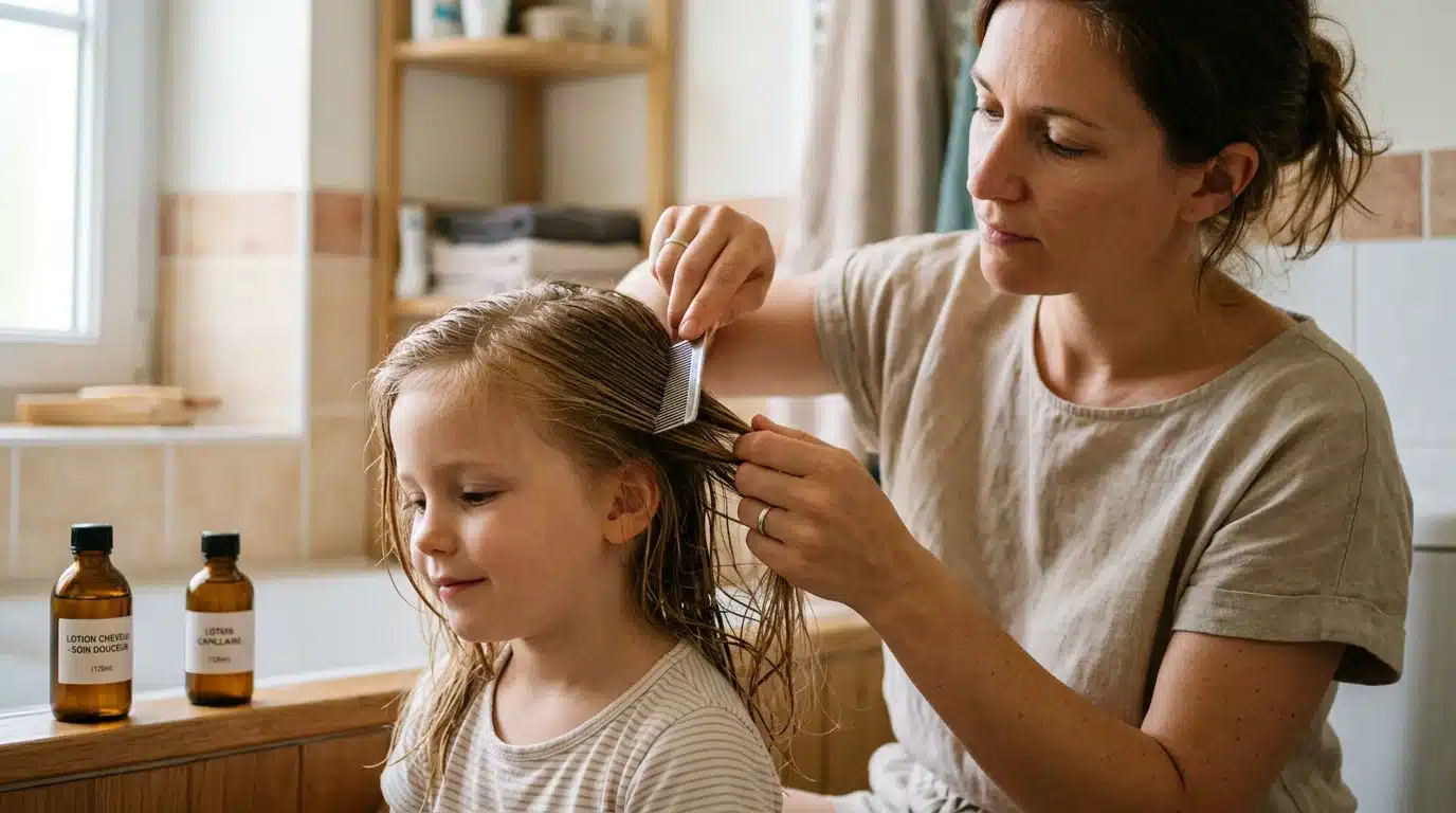 Application d'une lotion à la diméticone sur les cheveux d'un enfant avec un peigne fin