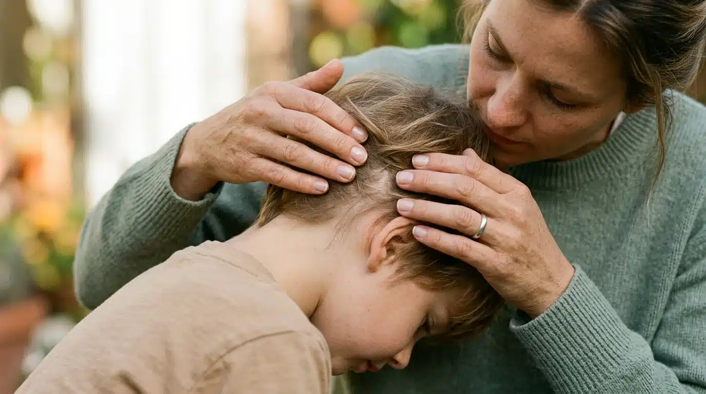Un parent européen inspecte le cuir chevelu d'un enfant à la recherche de poux