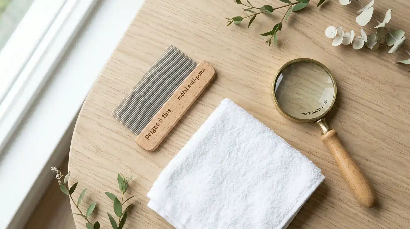 Peigne fin métallique anti-poux et loupe posés sur une surface claire