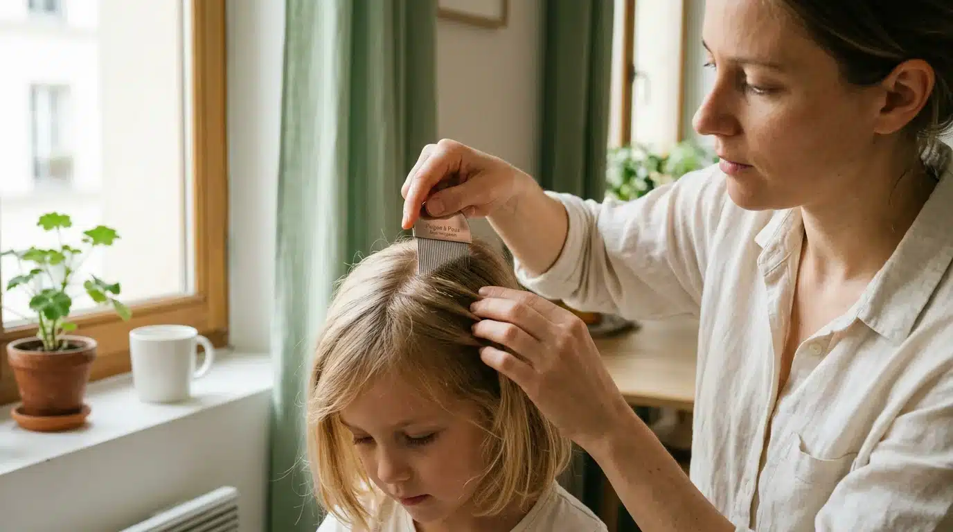 Parent européen inspectant le cuir chevelu d'un enfant avec un peigne anti-poux fin