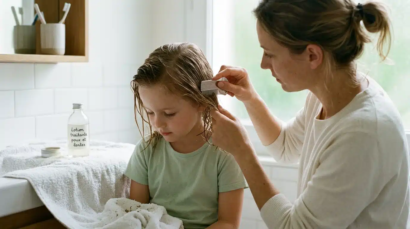 Un parent européen passe un peigne anti-poux fin dans les cheveux humides d'un enfant