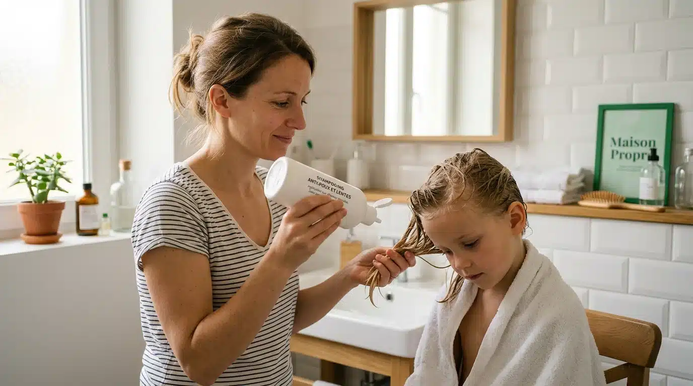 Une mère européenne applique un shampoing anti-poux sur les cheveux de son enfant