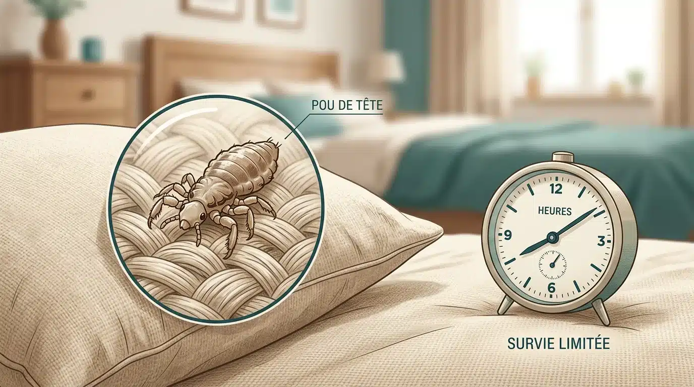 Illustration d'un pou isolé sur une taie d'oreiller avec une horloge évoquant sa survie limitée