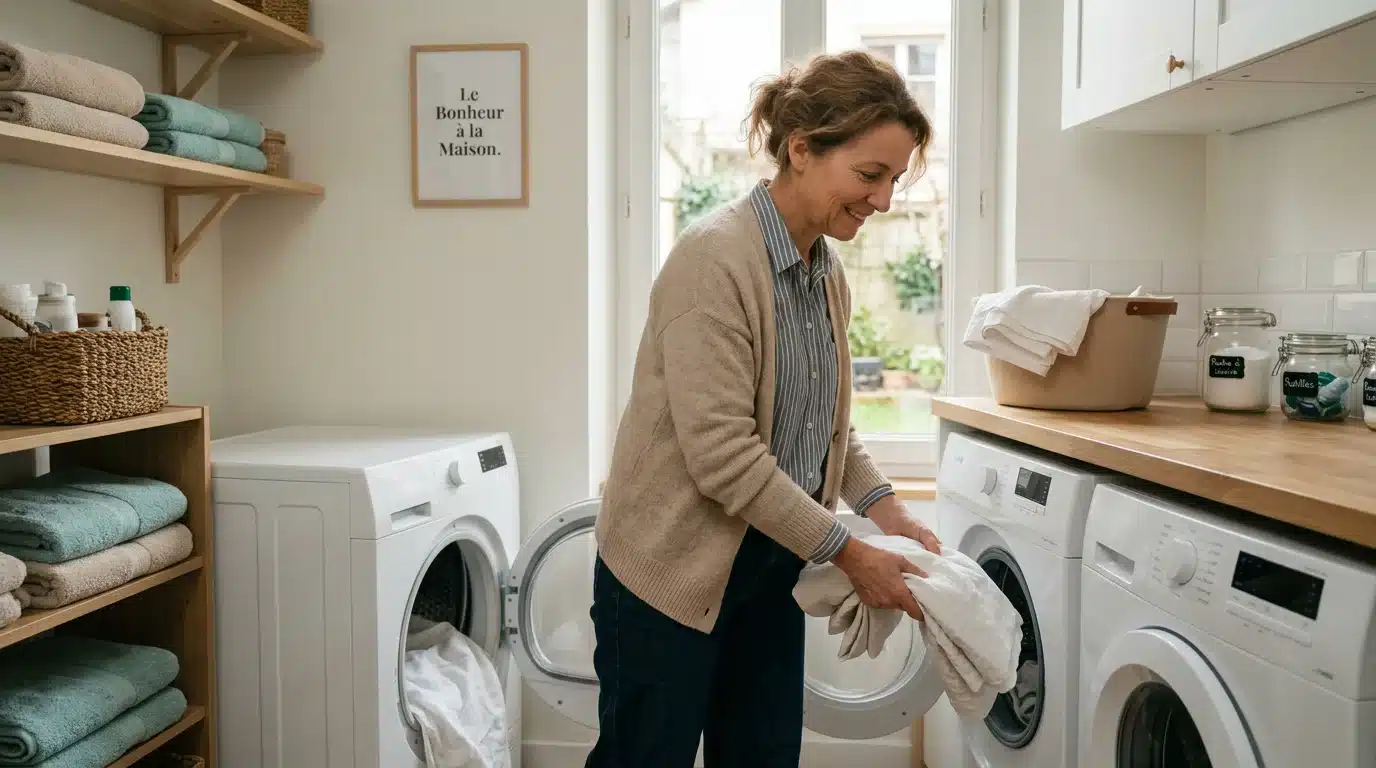 Parent européen plaçant du linge de lit dans un sèche-linge domestique pour traiter les poux