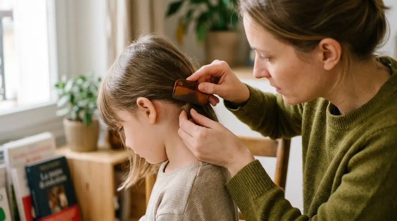 Parent européen examinant le cuir chevelu d'un enfant à la recherche de poux avec un peigne fin