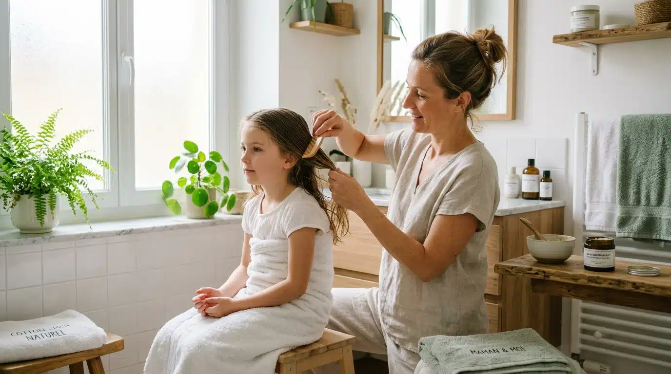 Famille européenne appliquant un traitement anti-poux naturel dans une salle de bain lumineuse
