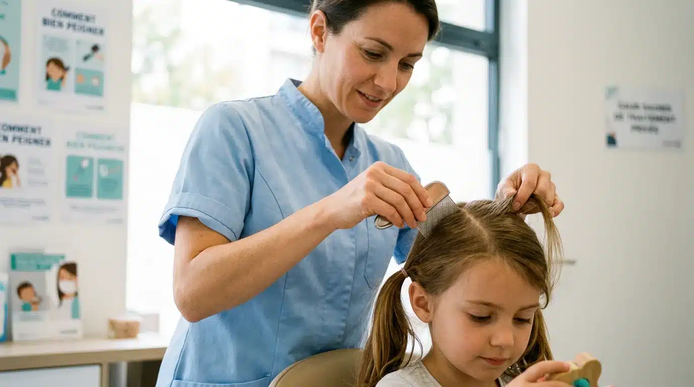 Spécialiste examinant les cheveux d'un enfant avec un peigne fin dans un centre anti-poux