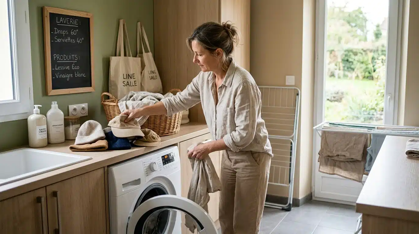 Parent lavant le linge de maison à 60°C pour limiter les poux