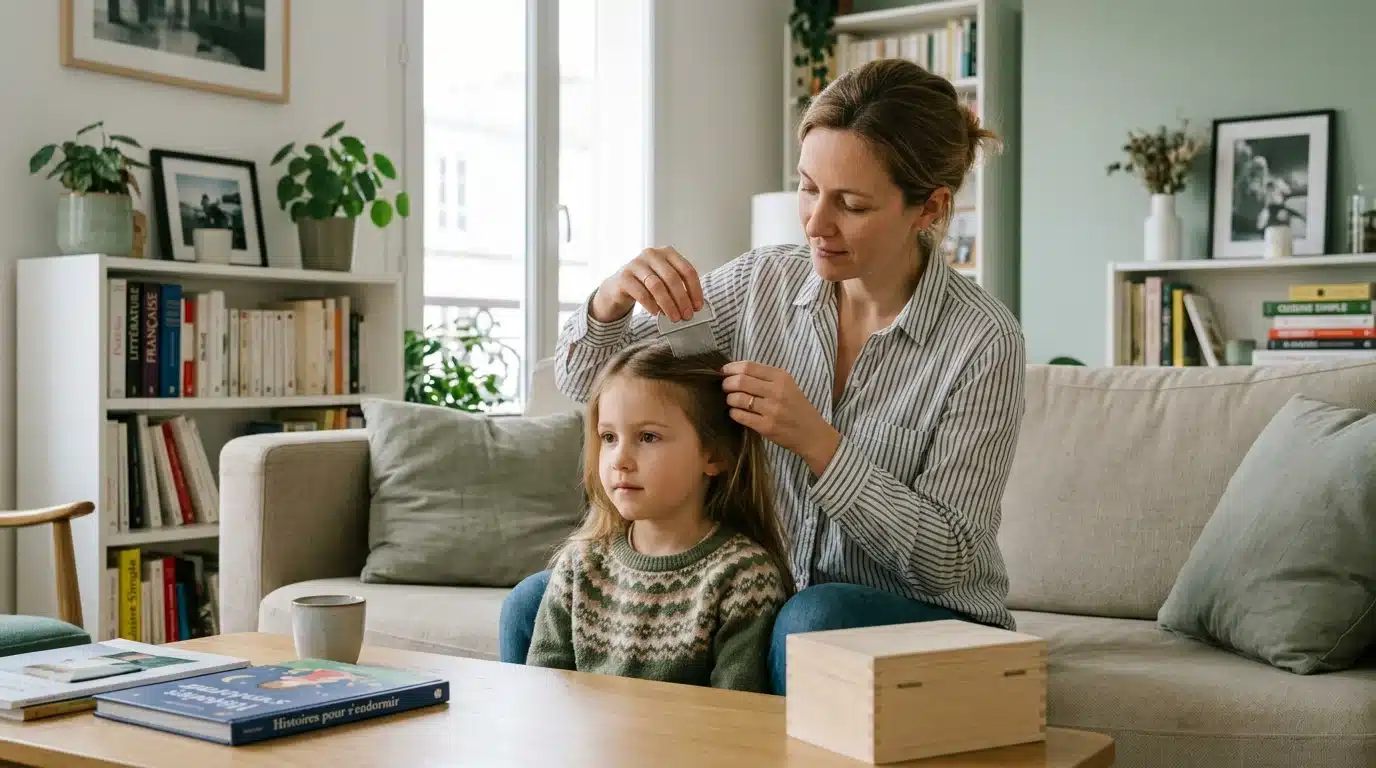 Parent inspectant les cheveux d'un enfant avec un peigne fin