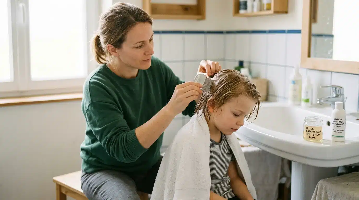 Un parent passe un peigne anti-poux fin dans les cheveux mouillés d'un enfant au-dessus d'une serviette blanche