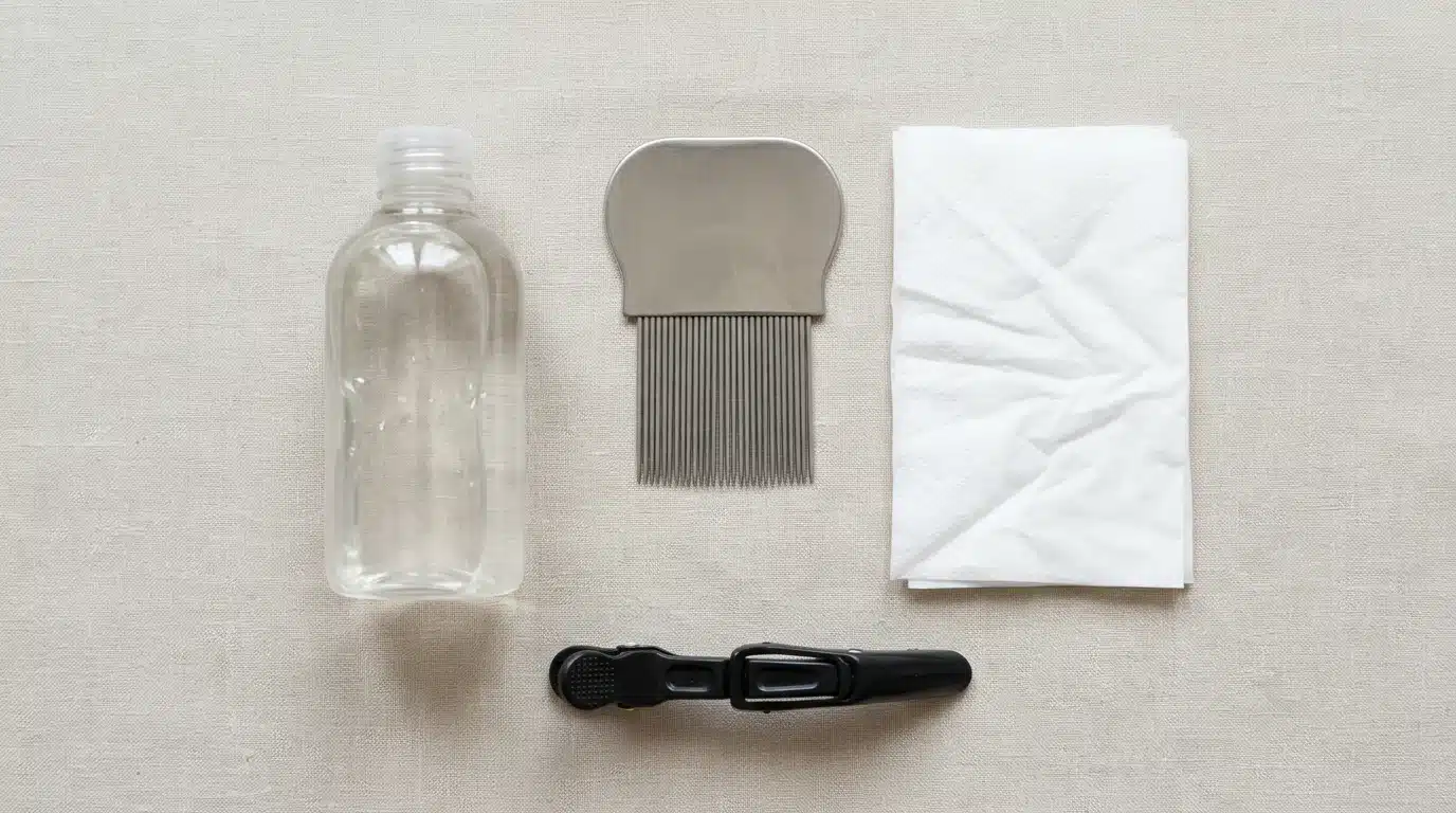 Peigne anti-poux en métal, serviette en papier et lotion disposés à plat sur fond clair