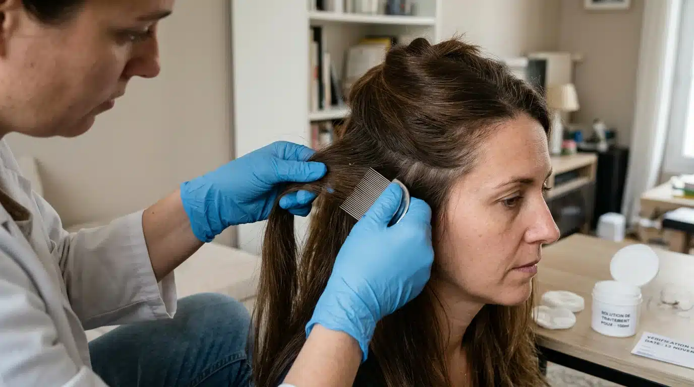 Examen du cuir chevelu d'une femme adulte avec un peigne anti-poux