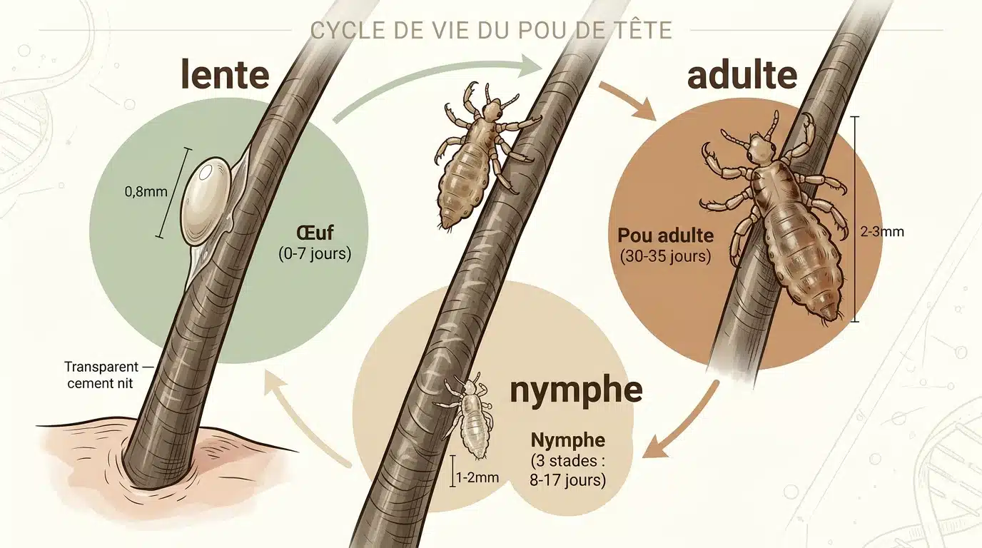 Schéma du cycle de vie du pou de la lente à l'adulte