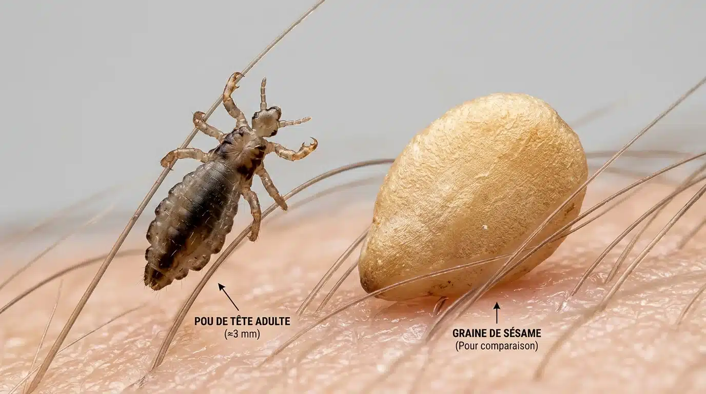 Comparaison de la taille d'un pou de tête adulte avec une graine de sésame