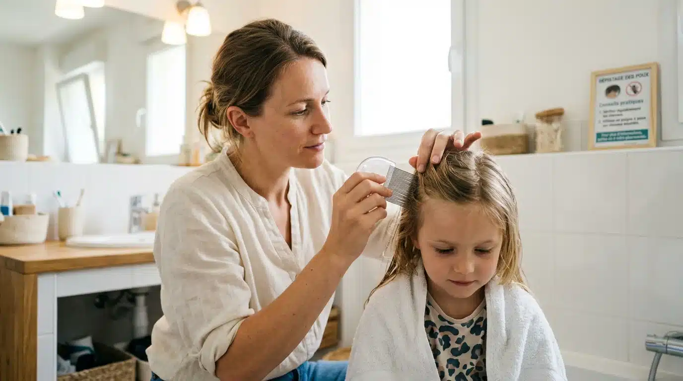 Parent européen examinant le cuir chevelu d'un enfant avec un peigne fin