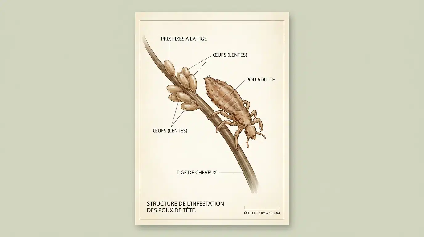 Illustration scientifique d'un pou de tête et de ses lentes accrochées à un cheveu