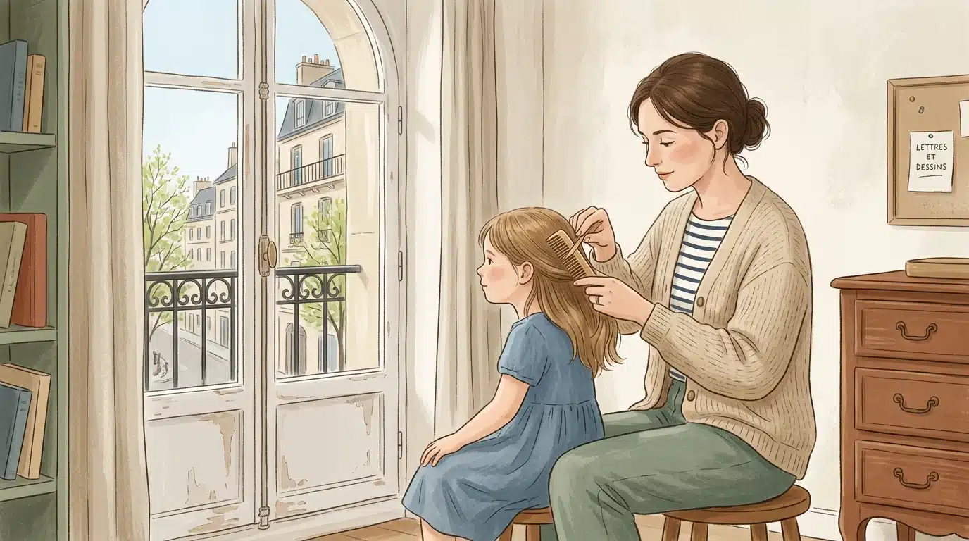 Un parent européen peigne les cheveux d'un enfant avec un peigne fin anti-poux
