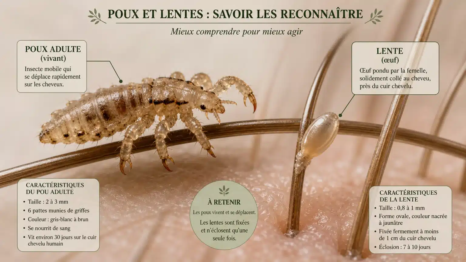 Comparaison visuelle entre un pou vivant et une lente accrochée au cheveu