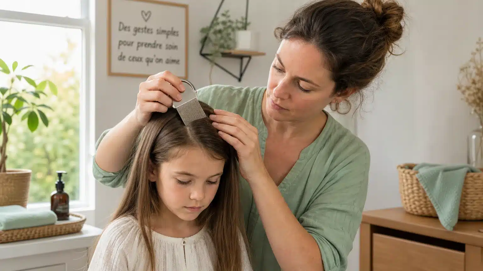 Parent européen peignant les cheveux d'un enfant avec un peigne anti-poux