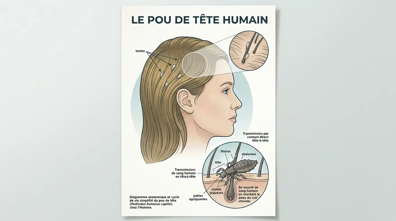 Illustration d'un pou près du cuir chevelu montrant sa durée de vie