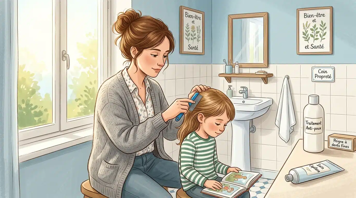 Parent européen peignant les cheveux d'un enfant avec un peigne fin anti-poux