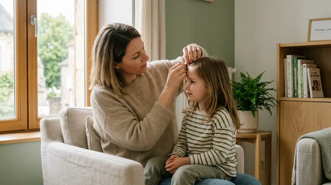 Une mère européenne inspecte les cheveux de sa fille pour détecter des poux
