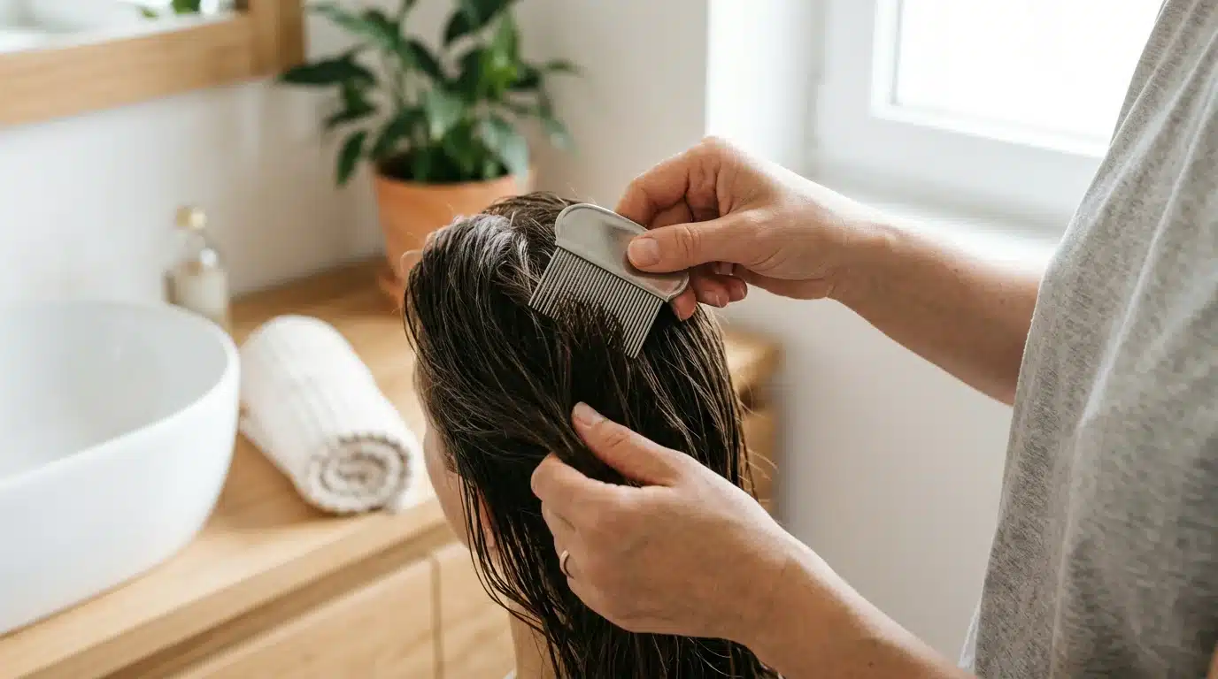 Peigne à poux en métal utilisé sur cheveux humides au-dessus d'une surface blanche
