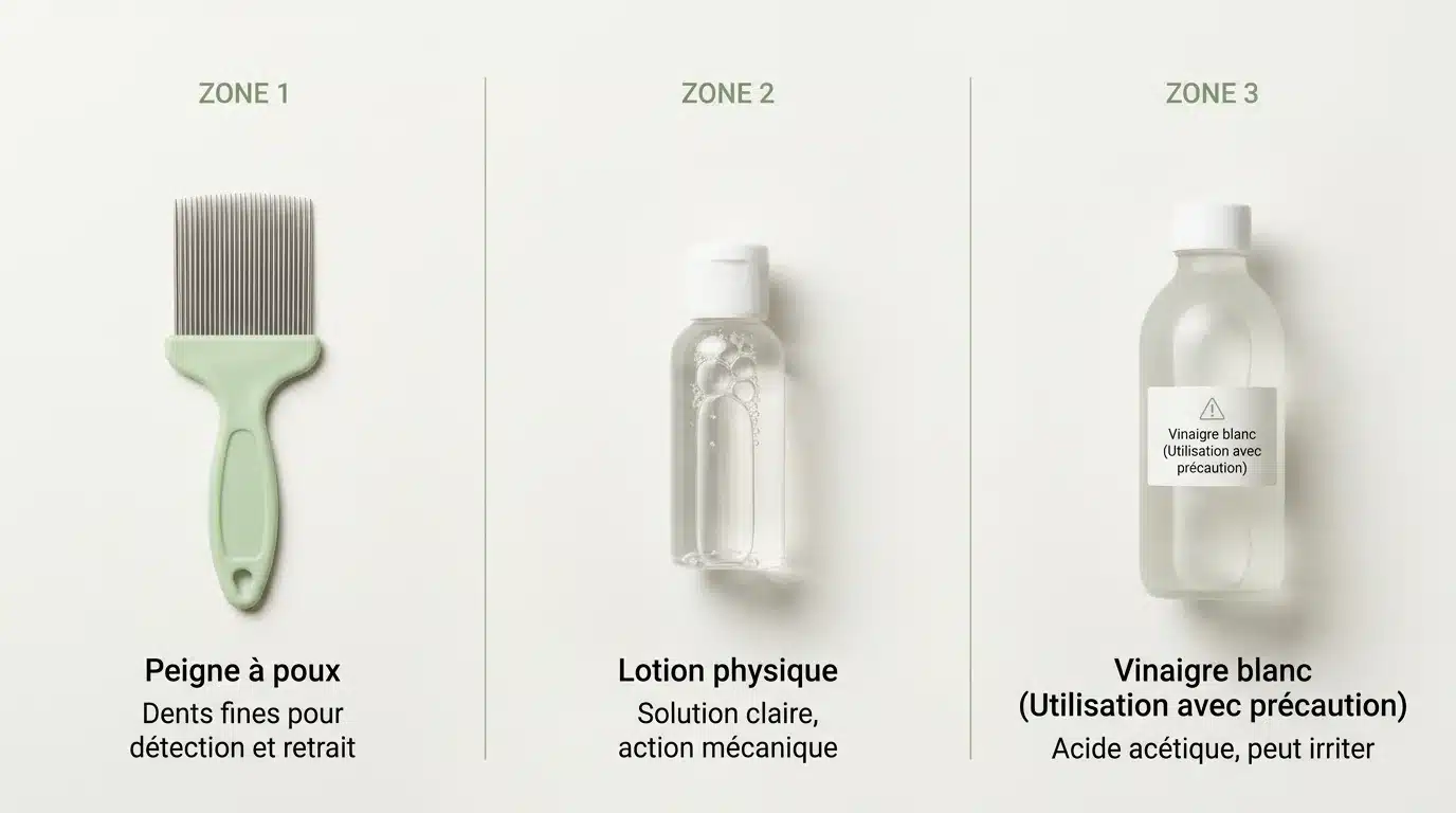 Comparaison visuelle entre peigne à poux, lotion physique et vinaigre blanc