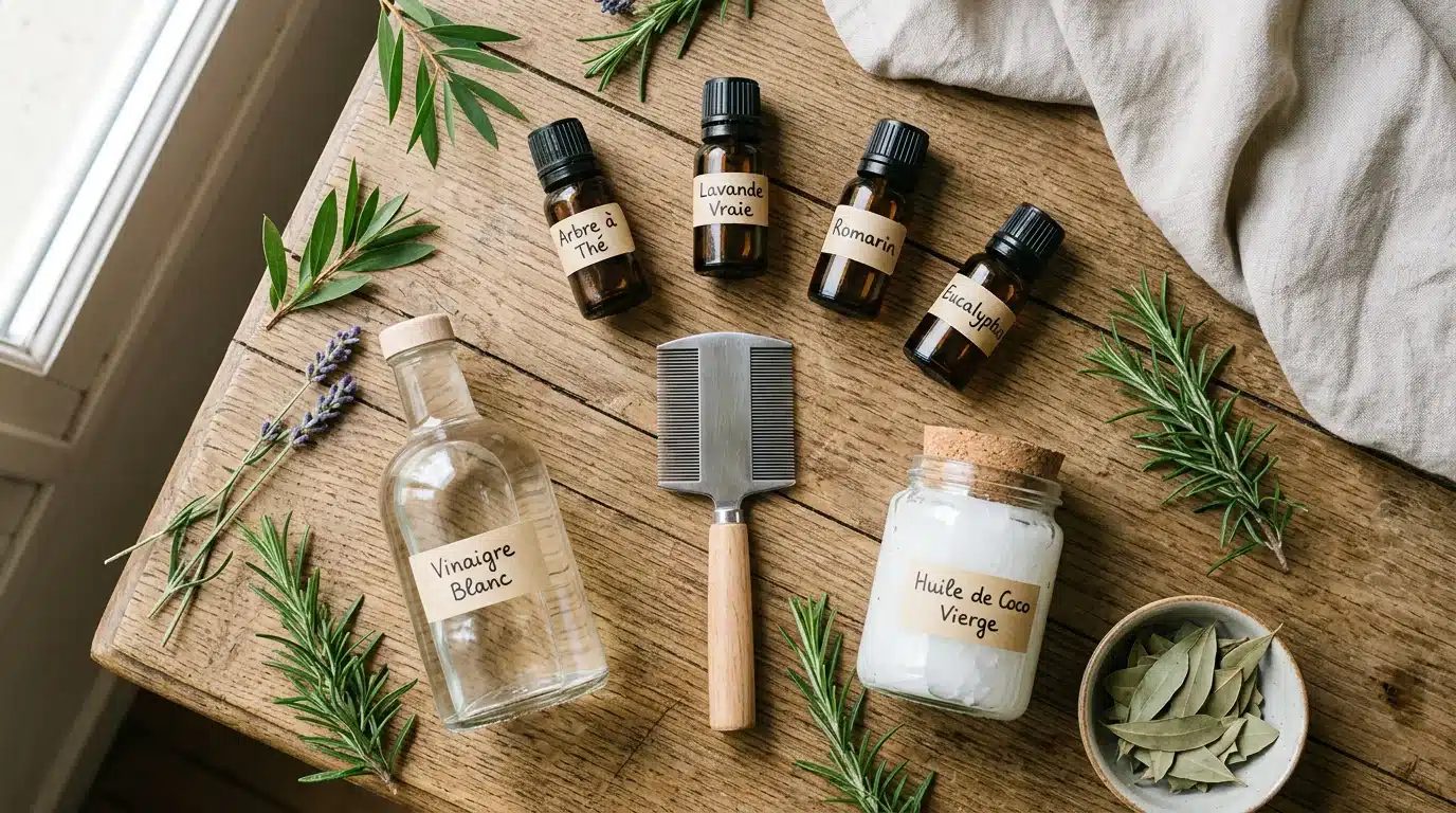 Ingrédients naturels anti-poux disposés à plat : huiles, vinaigre et peigne fin