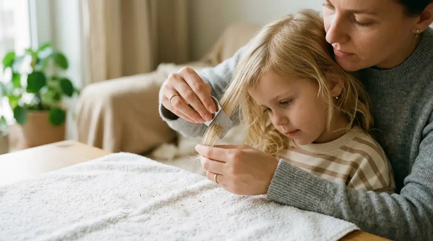 Parent européen utilisant un peigne anti-poux fin sur les cheveux d'un enfant