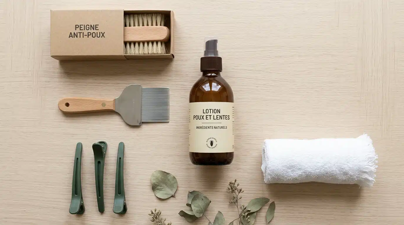 Peigne, lotion naturelle et accessoires anti-poux disposés à plat