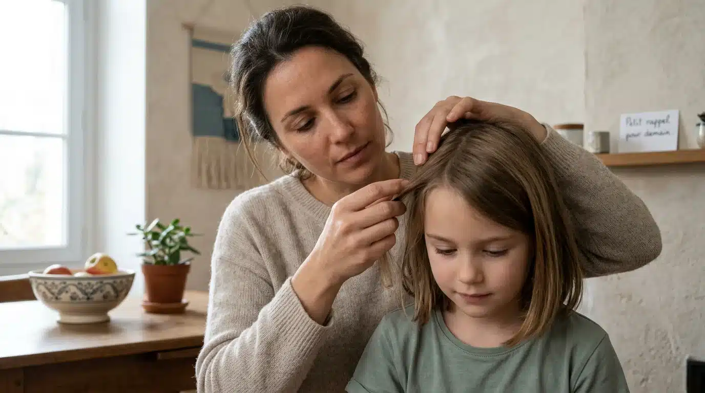 Parent européen inspectant les cheveux d'un enfant à la recherche de poux