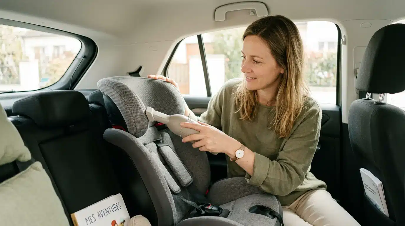 Un parent aspire l'appui-tête d'un siège auto pour enfant