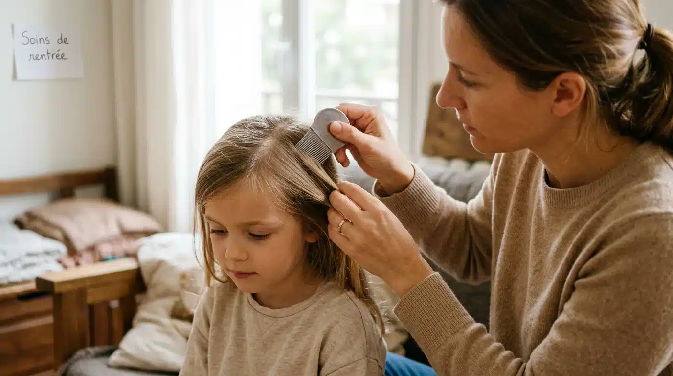 Parent européen examinant les cheveux d'un enfant avec un peigne anti-poux à la lumière naturelle