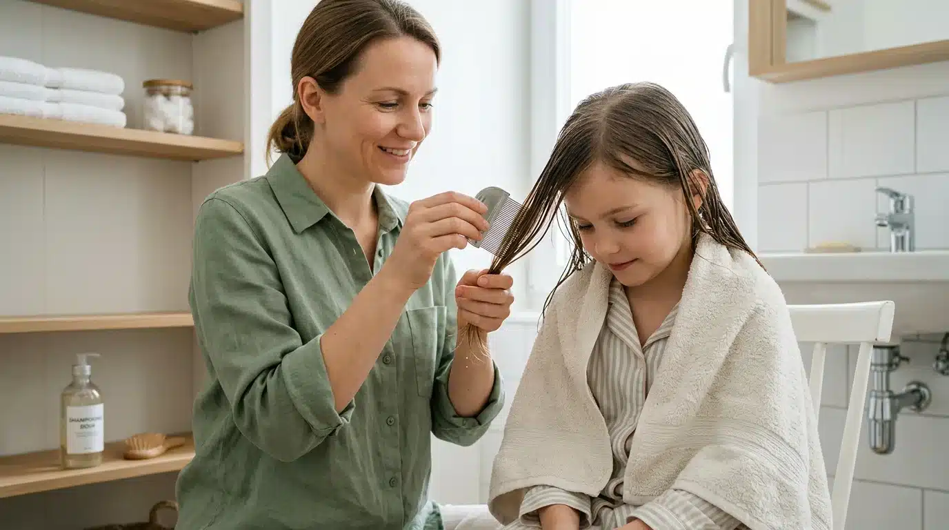 Peignage minutieux des cheveux mouillés d'un enfant avec un peigne anti-poux fin