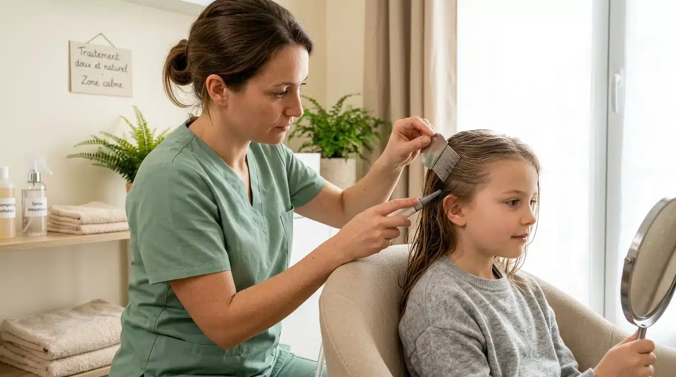 Spécialiste passant un peigne fin dans les cheveux d'un enfant dans un centre anti-poux