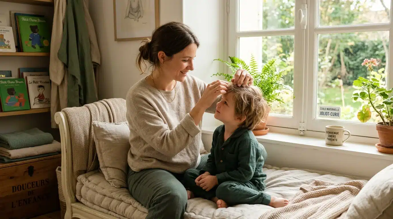Parent vérifiant les cheveux de son enfant à la maison après un traitement anti-poux
