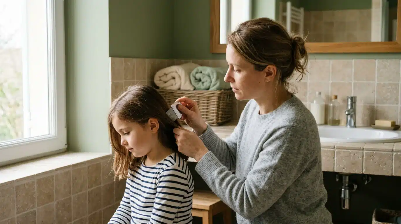 Parent européen examinant le cuir chevelu d'un enfant avec un peigne fin
