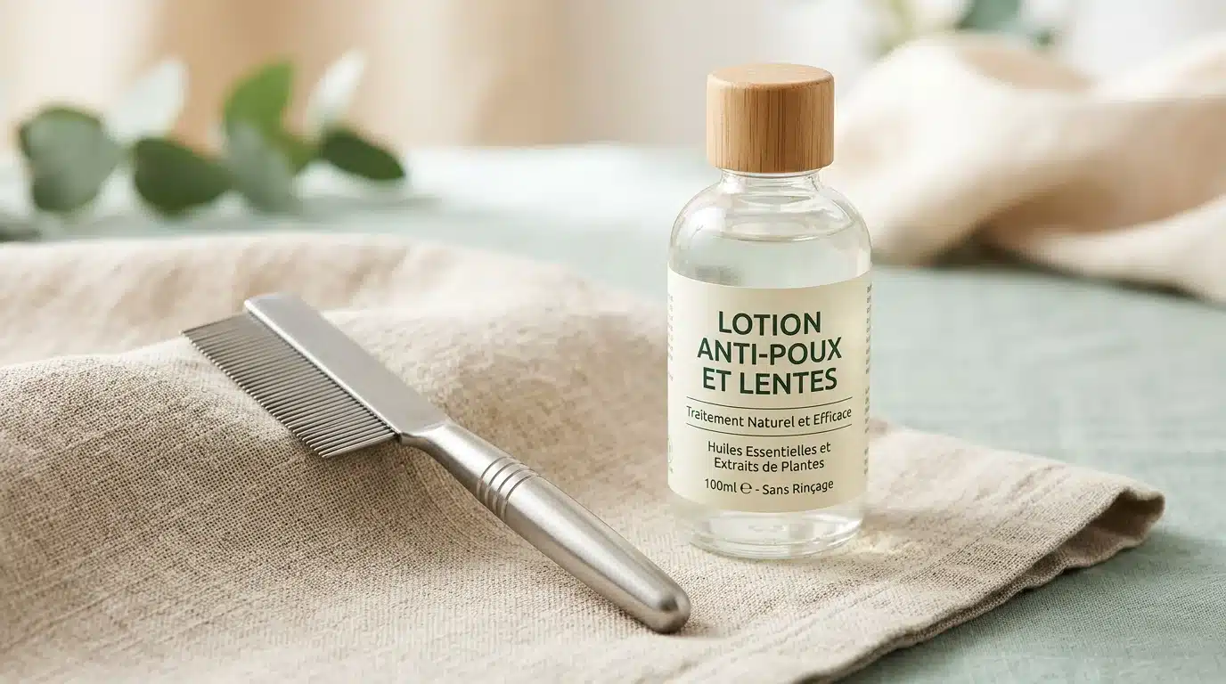 Peigne anti-poux métallique et flacon de lotion sur une serviette