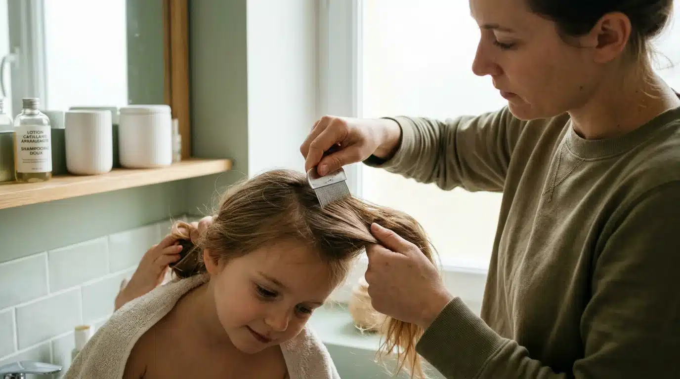 Parent européen inspectant les cheveux d'un enfant avec un peigne anti-poux fin
