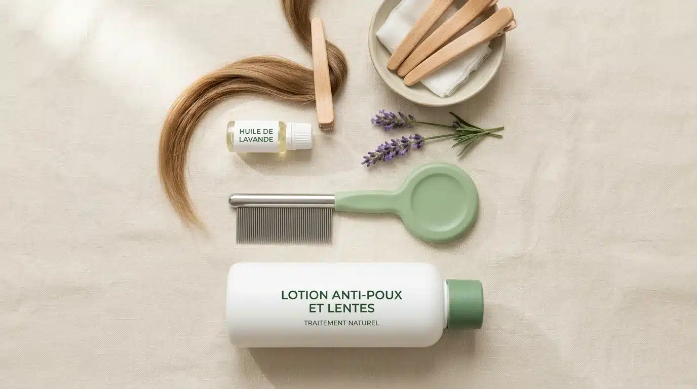 Peigne fin et lotion anti-poux disposés à plat sur fond clair