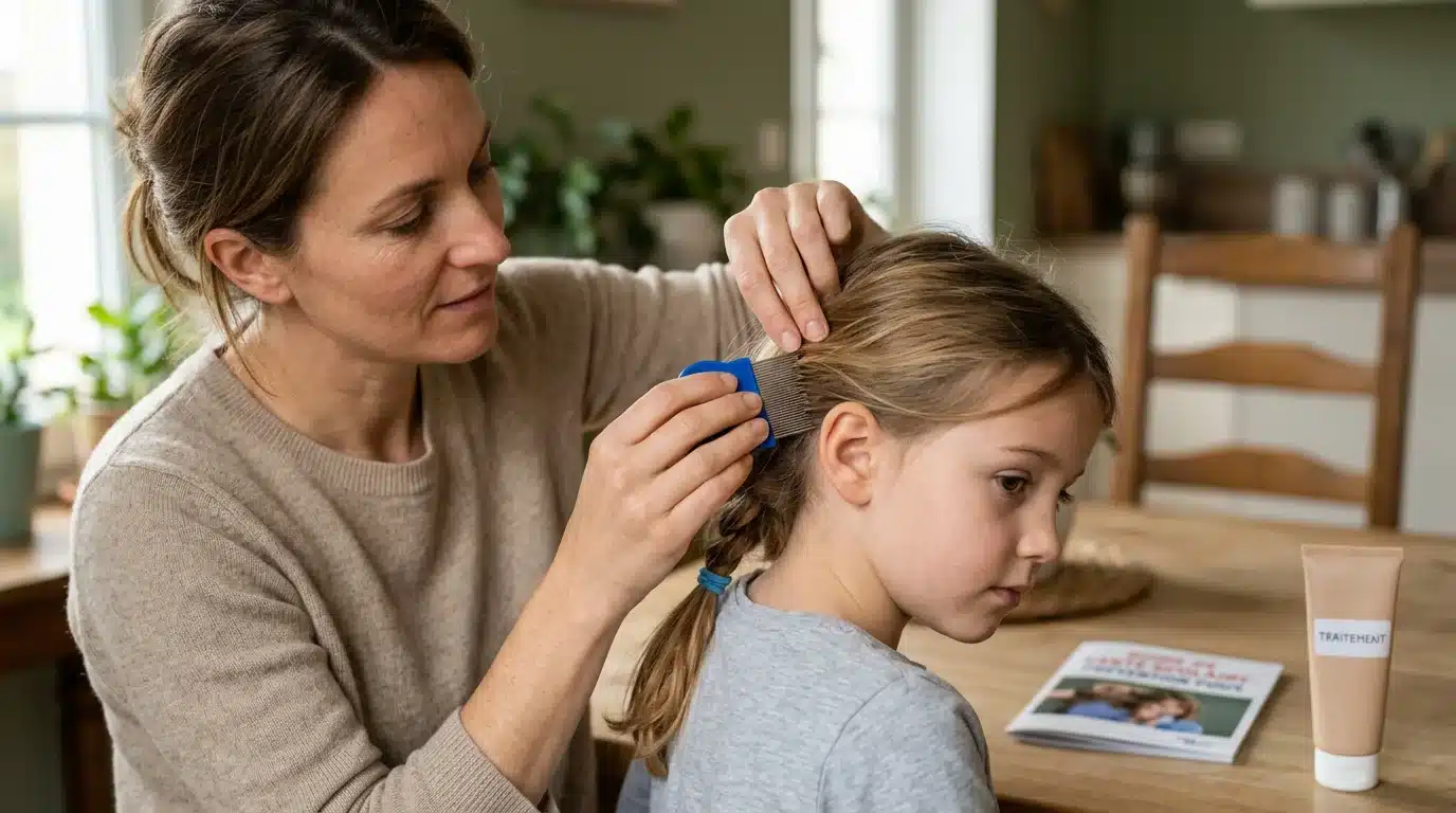 Un parent européen examine le cuir chevelu d'un enfant à la recherche de poux