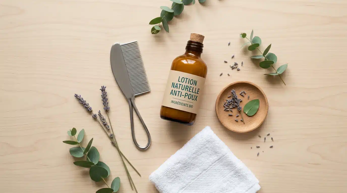 Peigne fin, lotion naturelle et lavande disposés pour un traitement anti-poux