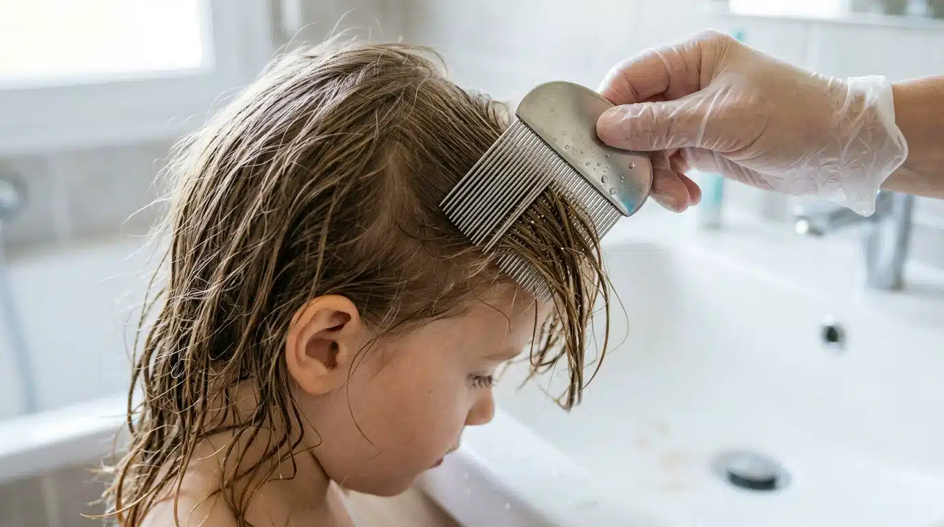 Peignage minutieux des cheveux d'un enfant avec un peigne anti-poux fin